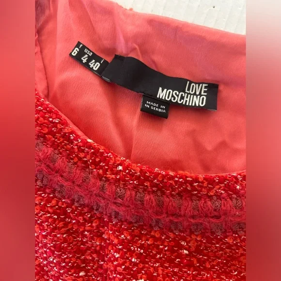 Love Moschino Tweed Shift Short Sleeve Crewneck Mini Dress Size 4 Cherry Red Dresses